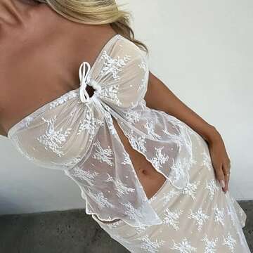 Vintage Lace Maxi Skirt Set Women 2 Piece Outfit Strapless Split Tube Top and Maxi Skirt Set Summer Going Out Streetwear (A White, S)