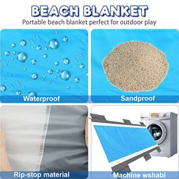Libay Beach Blanket- 79"x83" Sandproof Beach Mat for 4-7 Adults-Waterproof Quick Drying Beach Blankets Lightweight Portable Outdoor Picnic Mat for Camping Hiking (Gray-White-Blue)