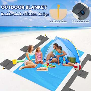 Libay Beach Blanket- 79"x83" Sandproof Beach Mat for 4-7 Adults-Waterproof Quick Drying Beach Blankets Lightweight Portable Outdoor Picnic Mat for Camping Hiking (Gray-White-Blue)