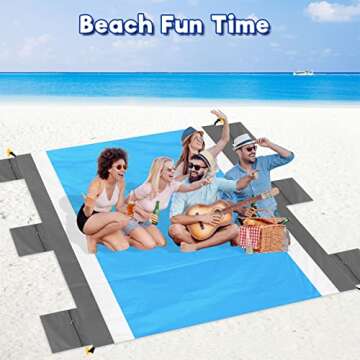 Libay Beach Blanket- 79"x83" Sandproof Beach Mat for 4-7 Adults-Waterproof Quick Drying Beach Blankets Lightweight Portable Outdoor Picnic Mat for Camping Hiking (Gray-White-Blue)