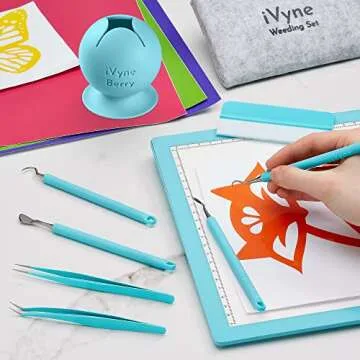 iVyne (8pcs) Premium Vinyl Weeding Tool Kit & Weeding Scrap Collector Soft Grip Tools with Berry, Weeder, Tweezers, Picker Or Hook, and Scraper Set for Silhouette Cameos & Cricut - Blue