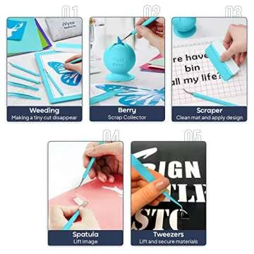 iVyne (8pcs) Premium Vinyl Weeding Tool Kit & Weeding Scrap Collector Soft Grip Tools with Berry, Weeder, Tweezers, Picker Or Hook, and Scraper Set for Silhouette Cameos & Cricut - Blue