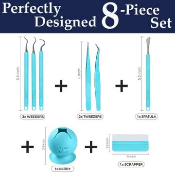 iVyne (8pcs) Premium Vinyl Weeding Tool Kit & Weeding Scrap Collector Soft Grip Tools with Berry, Weeder, Tweezers, Picker Or Hook, and Scraper Set for Silhouette Cameos & Cricut - Blue