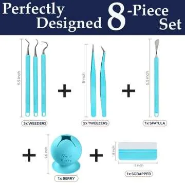 iVyne (8pcs) Premium Vinyl Weeding Tool Kit & Weeding Scrap Collector Soft Grip Tools with Berry, Weeder, Tweezers, Picker Or Hook, and Scraper Set for Silhouette Cameos & Cricut - Blue