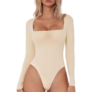 QINSEN Women's Square Neck Long Sleeve Bodysuit - Flattering & Versatile