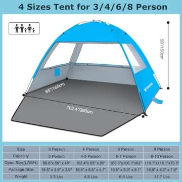 Venustas Beach Tent Sun Shelter for 3 to 10 Persons, UV Protection & Easy Setup