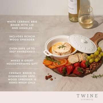 Twine Ceramic Brie Baker with Acacia Wood Spreader, Brie Baking Dish with Lid, Brie Cheese Baking Di...