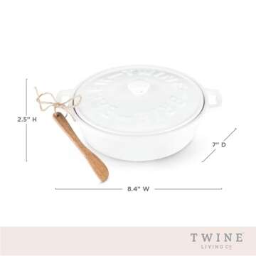 Twine Ceramic Brie Baker with Acacia Wood Spreader, Brie Baking Dish with Lid, Brie Cheese Baking Dish, Ceramic Bakeware, White, Set of 1