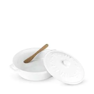 Twine Ceramic Brie Baker with Acacia Wood Spreader, Brie Baking Dish with Lid, Brie Cheese Baking Dish, Ceramic Bakeware, White, Set of 1