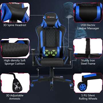 POWERSTONE Gaming Chair, Gaming Recliner with Adjustable Armrest Massage Lumbar Pillow Wide Cushion Ergonomic Office Computer Chair for Adults, Blue