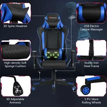 POWERSTONE Gaming Chair, Gaming Recliner with Adjustable Armrest Massage Lumbar Pillow Wide Cushion Ergonomic Office Computer Chair for Adults, Blue
