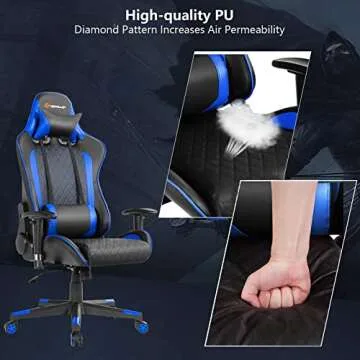 POWERSTONE Gaming Chair, Gaming Recliner with Adjustable Armrest Massage Lumbar Pillow Wide Cushion Ergonomic Office Computer Chair for Adults, Blue