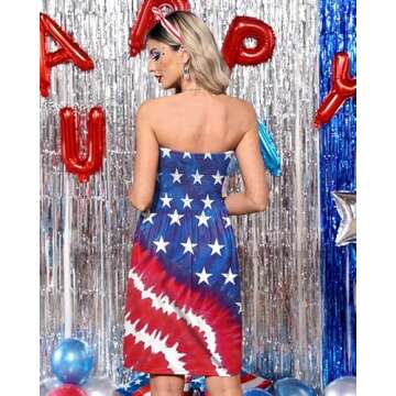 4th of July Women's Mini Strapless Outfit A-Line Star Stripes Patriotic Dress American Flag M
