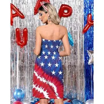 4th of July Women's Mini Strapless Outfit A-Line Star Stripes Patriotic Dress American Flag M