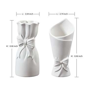Matte White Bowknot Ceramic Vase Set of 2, Embossed Vase Frosted Ceramic Vases, ViViTOP Modern Flowe...