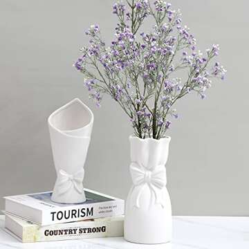 Matte White Bowknot Ceramic Vase Set of 2 Ideal for Home Decor