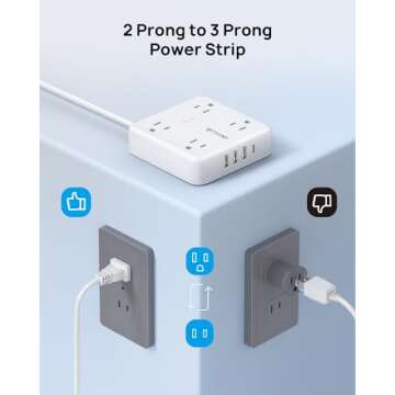 TROND 2 Prong Power Strip: 1440J Surge Protector, 5ft Extension Cord with Multiple AC Outlets & USB Ports, Wall Mount Adapter for Non-Grounded Plug, White