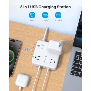TROND 2 Prong Power Strip: 1440J Surge Protector, 5ft Extension Cord with Multiple AC Outlets & USB Ports, Wall Mount Adapter for Non-Grounded Plug, White