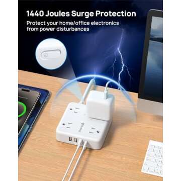 TROND 2 Prong Power Strip: 1440J Surge Protector, 5ft Extension Cord with Multiple AC Outlets & USB Ports, Wall Mount Adapter for Non-Grounded Plug, White