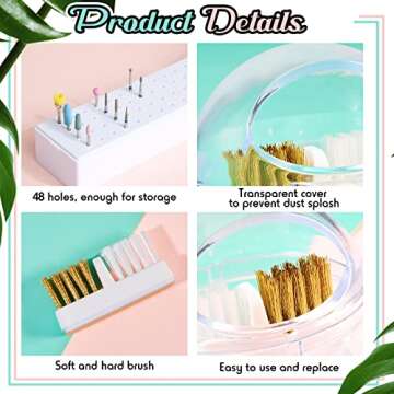 4 Pcs Nail Drill Bit Cleaner Brush and Holder Nail Drill Cleaner with Steel Wire and Nylon Brush with 2 Pcs Replacement Brush and Nail Drill Bit Display Organizer 48 Holes for Home or Nail Salon