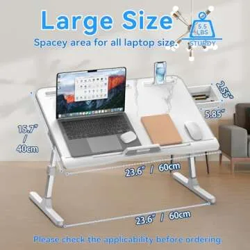 HETTHI Laptop Bed Desk, Adjustable Laptop Lap Desk with Drawer, X-Large Foldable Laptop Bed Table Tray for Bed Couch Floor Desk Writing Working Reading Eating Painting (Marble, 23.6"×15.7")