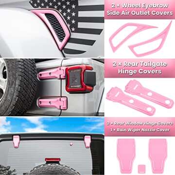 26PCS Full Set Exterior Decoration Trim Kit for Jeep Wrangler JL JLU 2018-2023 Door Hinge Handle Engine Hood Hinge Hood Latch Wheel Eyebrow Side Air Outlet Rear Tailgate Window Hinge Cover (Pink)