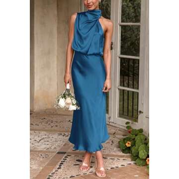 PRETTYGARDEN Women's 2024 Summer Satin Dress Elegant Sleeveless Mock Neck Cocktail Party Maxi Dresses (Navy,Medium)