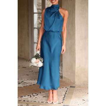 PRETTYGARDEN Women's 2024 Summer Satin Dress Elegant Sleeveless Mock Neck Cocktail Party Maxi Dresses (Navy,Medium)