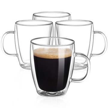 YUNCANG Double Wall Glass Coffee Mugs, 4-Pack 12 Ounces-Clear Insulated Cups for Coffee, Tea, Latte