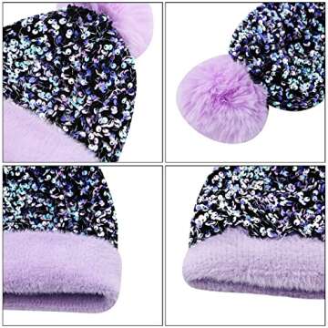 LEOMOSTE Women Girls Winter Sequin Beanie Hat with Faux Fur Pom Pom Knit Skull Cap Purple