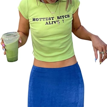 Women’s Summer Letter Print Crop Top Short Sleeve Basic T-Shirt Solid Color Y2K Tee Tops Casual E-...