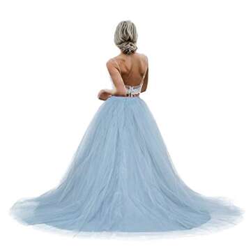 Women Wedding Detachable Train Overskirt Bridal Long Train Floor Length Tulle Skirt (Light Blue, Plus Size,US 16-24W)
