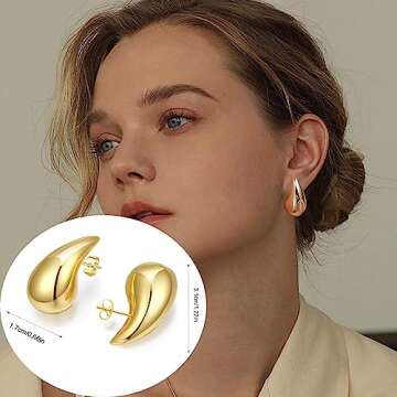 Waterdrop Earrings for Women， Lightweight Chunky Gold Hoop Tear Drop Earrings Dupes with 14K Real Gold Plated Hypoallergenic Statement Trendy Polished Brushed Droplet Earrings for Women Jewelry Gift（Gold Silver）