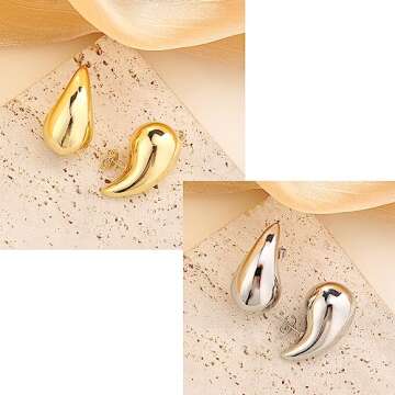 Waterdrop Earrings for Women， Lightweight Chunky Gold Hoop Tear Drop Earrings Dupes with 14K Real Gold Plated Hypoallergenic Statement Trendy Polished Brushed Droplet Earrings for Women Jewelry Gift（Gold Silver）