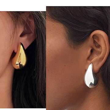 Waterdrop Earrings for Women， Lightweight Chunky Gold Hoop Tear Drop Earrings Dupes with 14K Real Gold Plated Hypoallergenic Statement Trendy Polished Brushed Droplet Earrings for Women Jewelry Gift（Gold Silver）