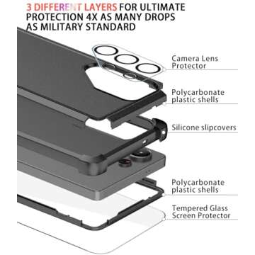 LSYPP Shockproof for Samsung Galaxy S25 Ultra Case, 15FT Military-Grade Drop Protection, with Screen Protector & Camera Lens Protector, Heavy Duty Phone Cover for S25 Ultra Case (Black)
