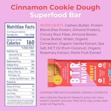 B.T.R. Bar Superfood Keto Protein Bars, Plant Based Vegan Protein, Low Carb Food, Low Calorie, Gluten Free, No Sugar Alcohols, Boosted with Superfoods - (12 Pack) (Variety Pack)