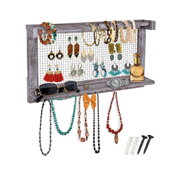 Comfify Rustic Jewelry Organizer – Wall Mounted Jewelry Holder w/Removable Bracelet Rod, Shelf & 1...