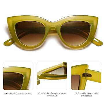 SOJOS Retro Small Vintage Cat Eye Sunglasses for Women Cute Fashion UV400 Sunnies SJ2939, Mustard Green/Brown