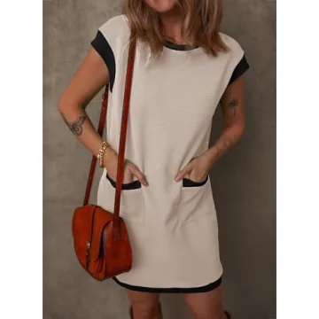 Dokotoo Womens Dress Casual Short Sleeve Summer Dresses for Women 2025 Fashion Color Block Cap Sleeve Beach Vacation Mini Tshirt Dress Apricot Large