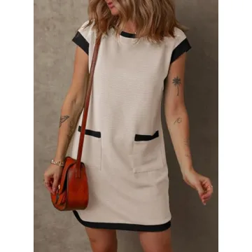 Dokotoo Womens Dress Casual Short Sleeve Summer Dresses for Women 2025 Fashion Color Block Cap Sleeve Beach Vacation Mini Tshirt Dress Apricot Large