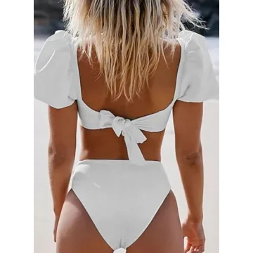 Dokotoo Women's Bubble Sleeve High Waist Bikini Set