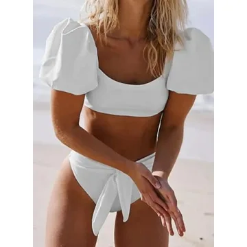 Dokotoo Women's Bubble Sleeve High Waist Bikini Set