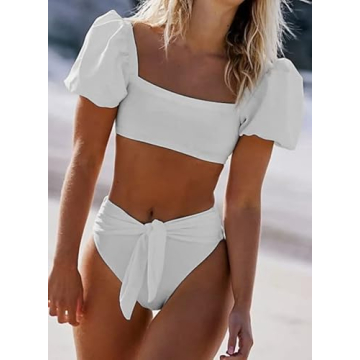 Dokotoo Women's Bubble Sleeve High Waist Bikini Set