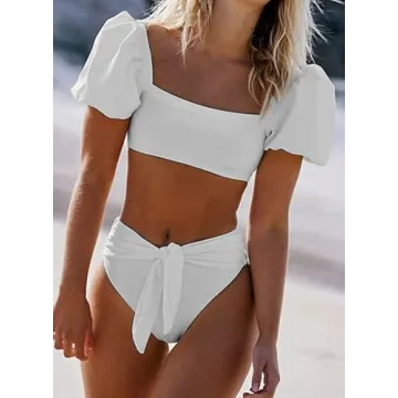 Dokotoo Women's Bubble Sleeve High Waist Bikini Set