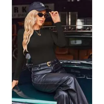 Ekouaer Womens Long Sleeve Shirts Crew Neck Fitted Ribbed Tops Basic Base Layer Soft Thermal Undershirts Tee Black M