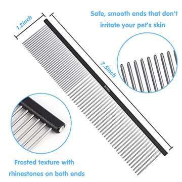 ROPO Dog Comb Tool for Removing Matted Fur - Pet Dematting Comb with Rounded Teeth and Non-Slip Grip Handle - Prevents Knots and Mats for Long and Short Haired Pets (Square handle, Black)