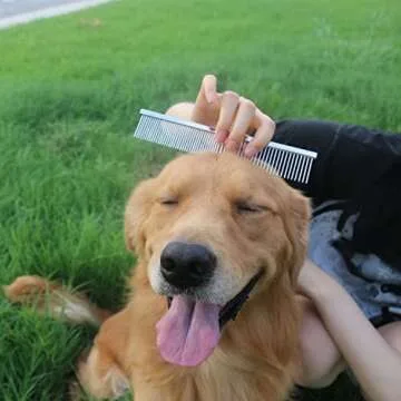 ROPO Dog Comb Tool for Removing Matted Fur - Pet Dematting Comb with Rounded Teeth and Non-Slip Grip Handle - Prevents Knots and Mats for Long and Short Haired Pets (Square handle, Black)