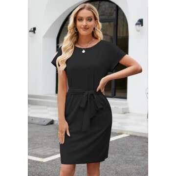 MEROKEETY Women's Summer Striped Short Sleeve T Shirt Dress Casual Tie Waist Midi Dress, SolidBlack, S