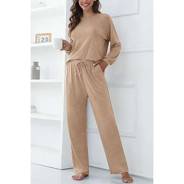 Cakulo Postpartum Sets 2 Pieces for Women Plus Size Comfy Loungewear Pajama Leisure Matching Set Cozy Long Sleeve Top Pants Khaki S